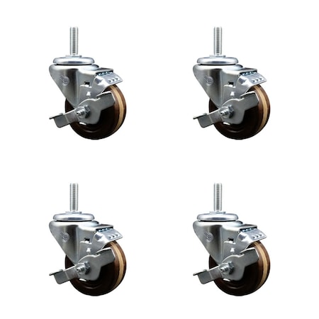 Service Caster 3 Inch High Temp Phenolic 34 Inch Threaded Stem Caster Set with Brake SCC-TS20S314-PHSHT-TLB-34212-4